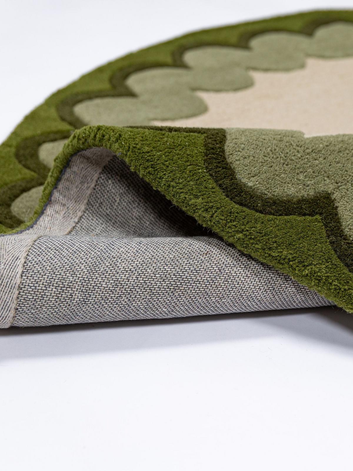 WOLLTEPPICH handgetuftet WAVENEY, Zickzack-Wellenbordüre, Olivgrün, Ø 160 cm - Grün, Textil (160/160cm) - KADIMA DESIGN