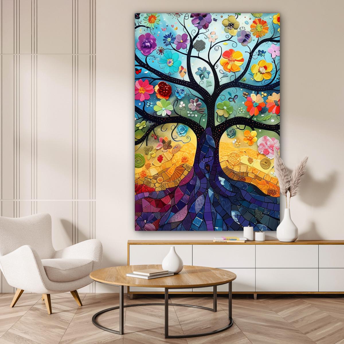 LEINWANDBILD Kunst - Baum des Lebens - Blumen - Hippie Deko Groß 90x140 cm - Dunkelblau, Textil (90/140cm) - MuchoWow
