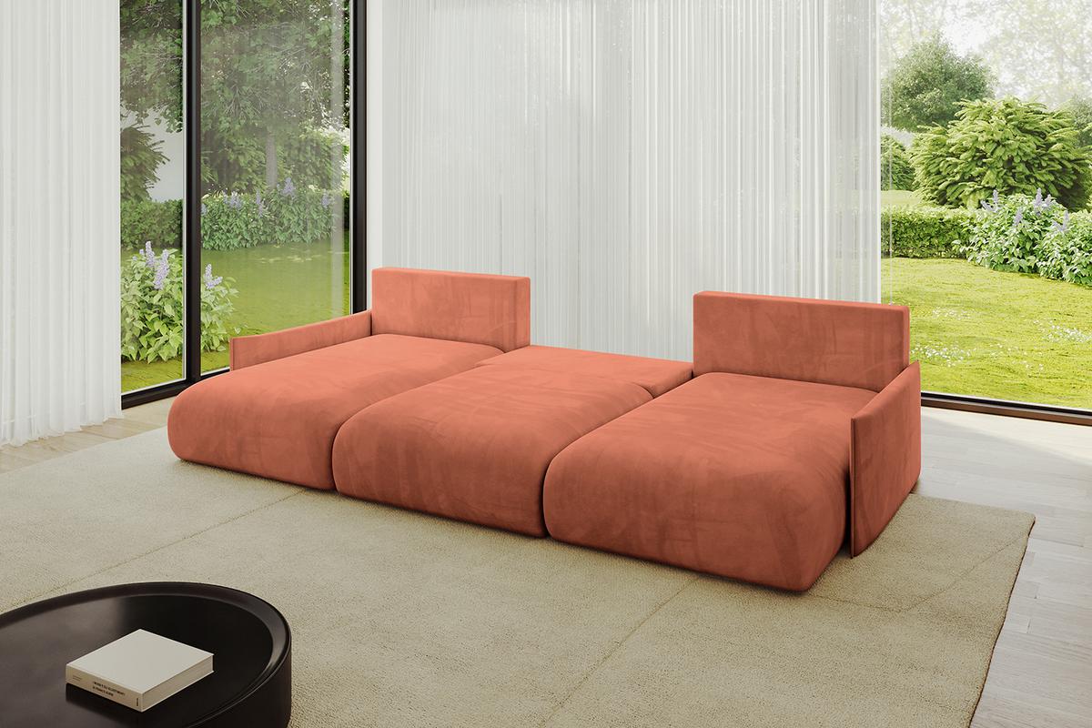 WOHNLANDSCHAFT mit Schlaffunktion und Bettkasten ONESK-U-v1 317x177x72 Apricot Velours - Koralle, Holzwerkstoff/Kunststoff (317/72/177cm) - ALTDECOR