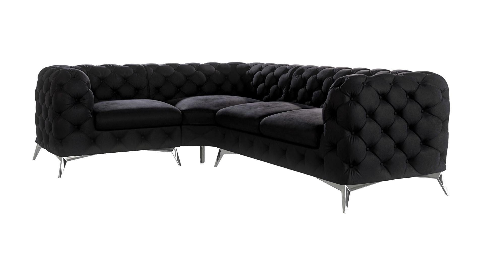 ECKSOFA Chesterfield Laura Schwarz Samt, Ottomane Links - Silberfarben/Schwarz, Holz/Textil (264/204cm) - S-Style Möbel