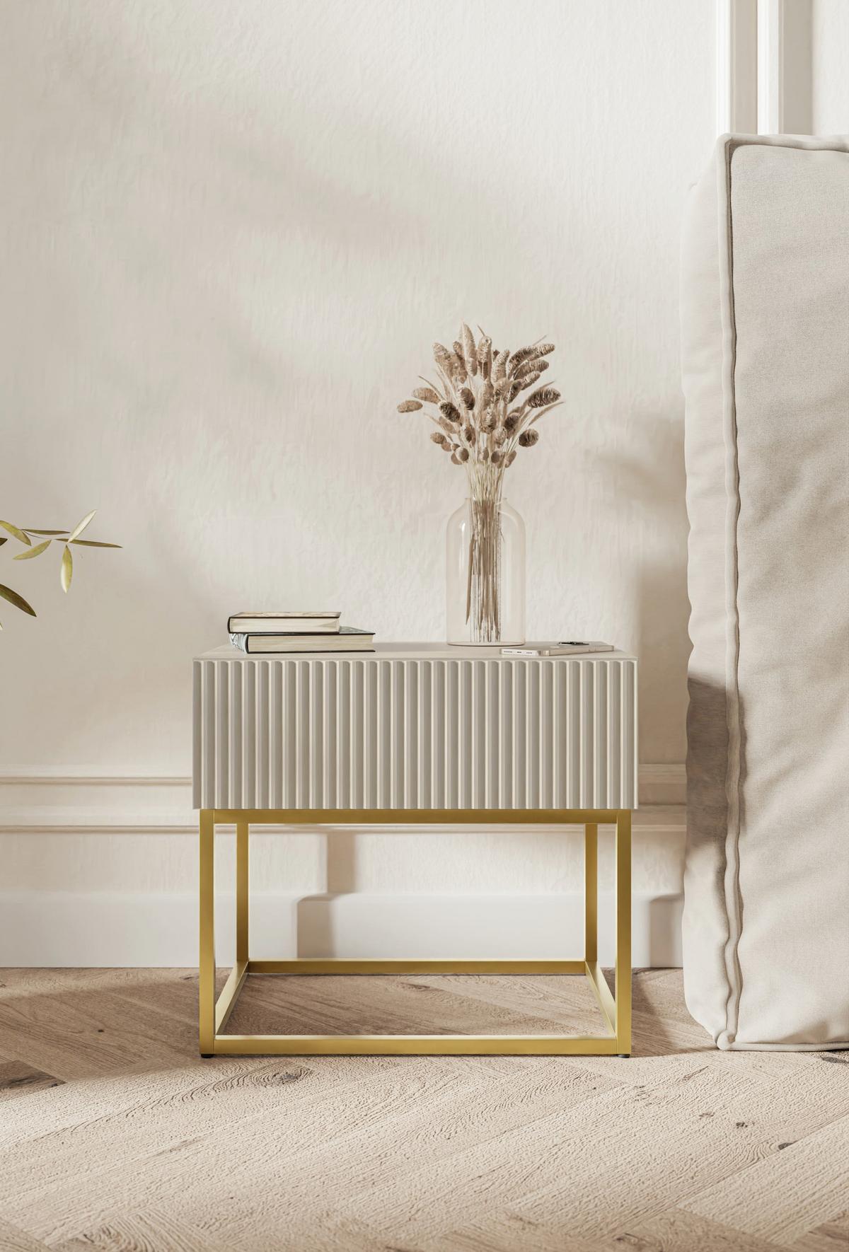 NACHTSCHRANK Veldio Graubeige mit goldenen Metallbeinen 50 cm - Taupe/Greige, Holzwerkstoff/Metall (50/44/35.6cm) - Selsey