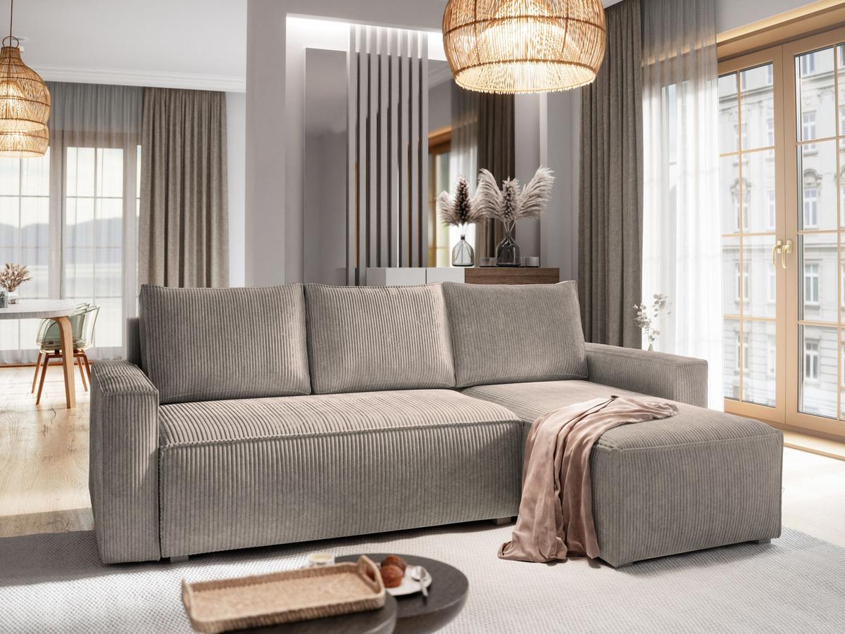 ECKSOFA POTARO Beige Kordstoff mit Schlaffunktion - Beige/Grau, Holz/Kunststoff (232/140cm) - MASSENO