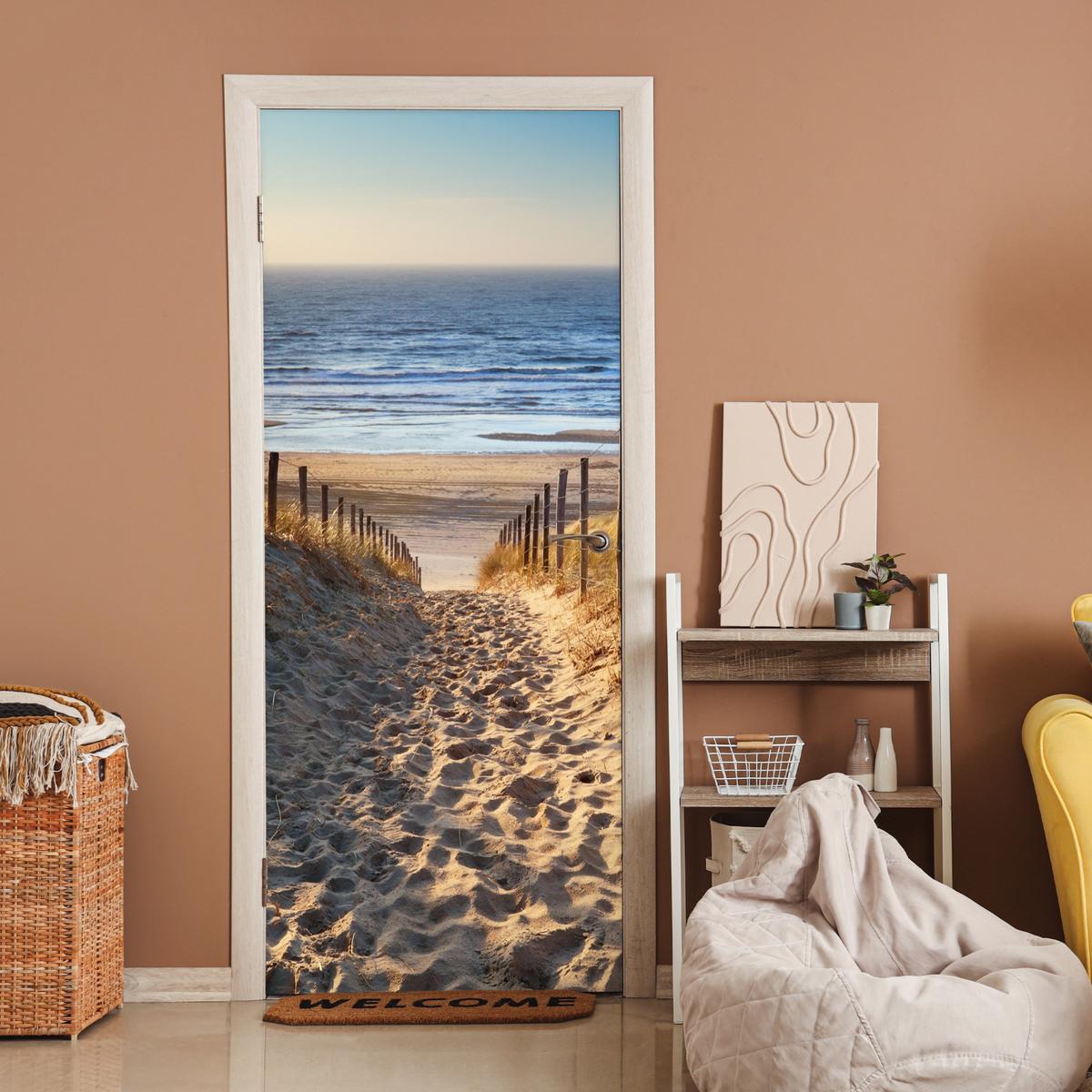 TÜRAUFKLEBER Strand - Meer - Niederlande - Dünen - Sonne Fototapete 75x205 cm - Türtapete - Blau, Kunststoff (75/0.1cm) - MuchoWow