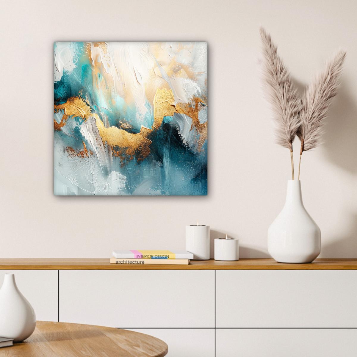 LEINWANDBILD Abstrakt - Kunst - Gold - Blau Wandbild Wohnzimmer 50x50 cm - Petrol, Textil (50/50cm) - MuchoWow