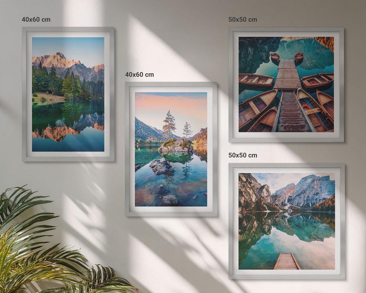 BILDER SET 4er Set - 50x50 cm & 40x60 cm Silberner Rahmen - Spiegelung des Waldes in Bergseen - Silberfarben, Kunststoff (50/50cm) - TULUP