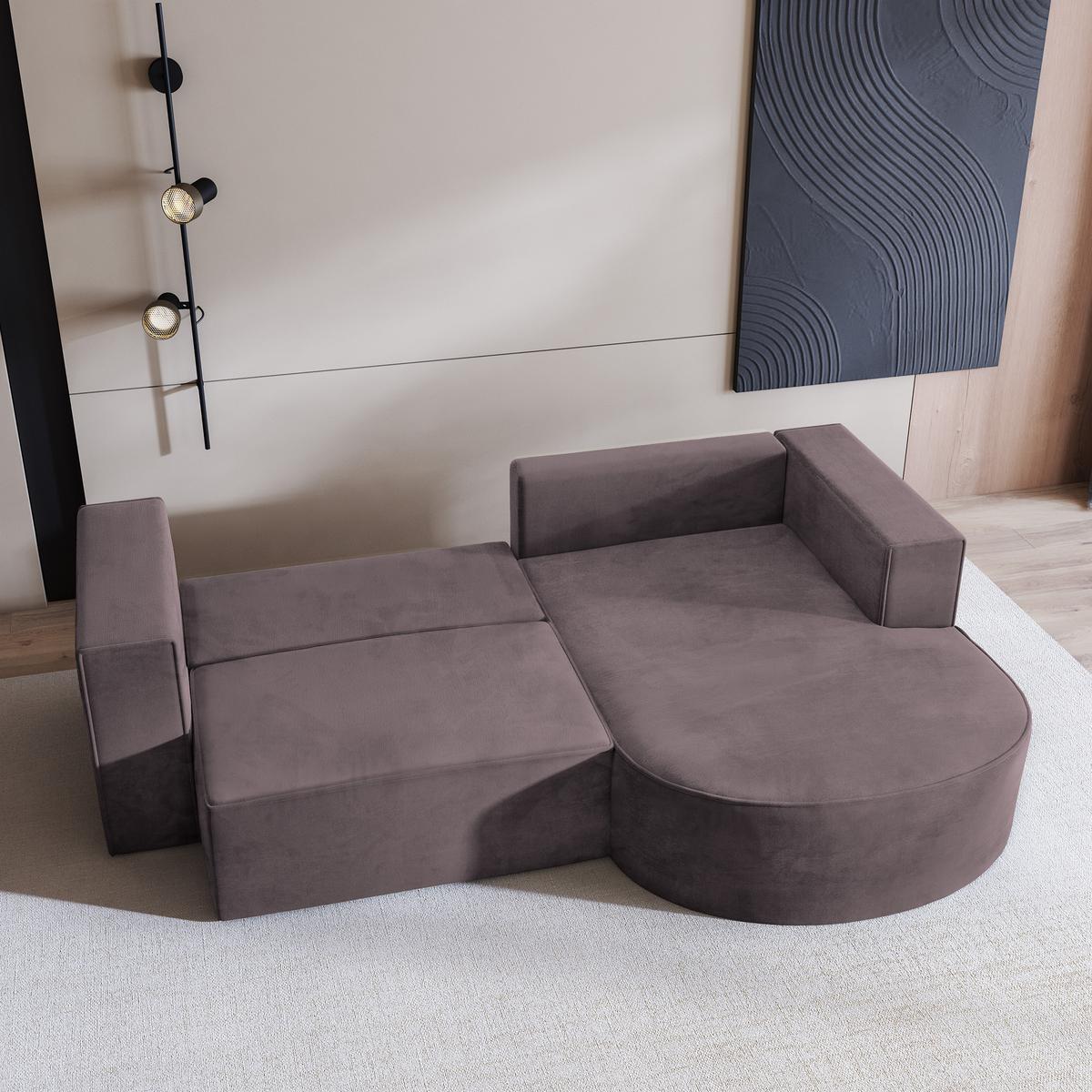 ECKSOFA SORELA M R-S Lila Velours-Stoff mit Schlaffunktion - Lila, Holz (263/174cm) - MASSENO