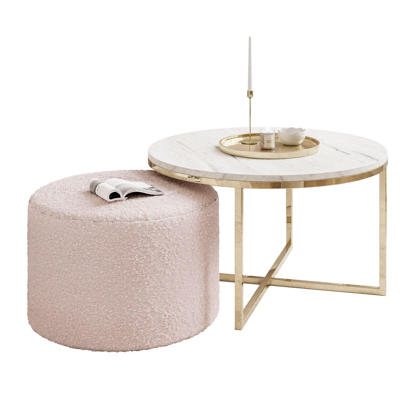 COUCHTISCH CIRI-X mit Hocker Gold Chrom|Marmor Levanto|Ascot pink - Goldfarben/Weiß, Holzwerkstoff/Textil (70/70/46cm) - Lookway