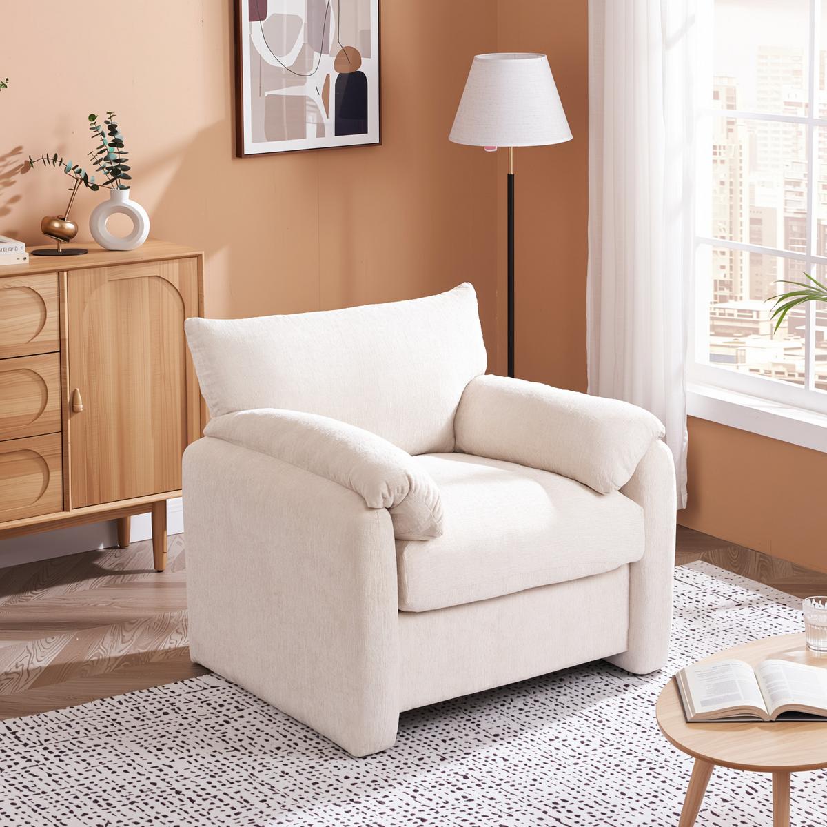 SESSEL Chenille Beige 96 cm Lounge Sessel mit Armlehnen und breiter Sitzfläche für Wohnzimmer - Beige, Textil (96/84/82cm) - Urban Meuble