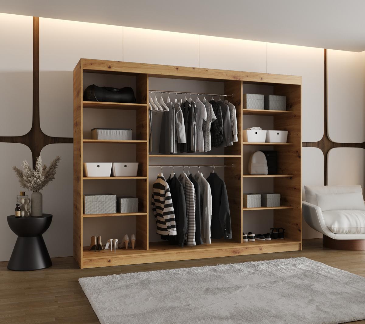 SCHIEBETÜRENSCHRANK mit Spiegel SPOTI 200/250/62 3-türig - Silberfarben/Eiche Artisan, Holz (250/200/62cm) - MÖBEL KRYSPOL