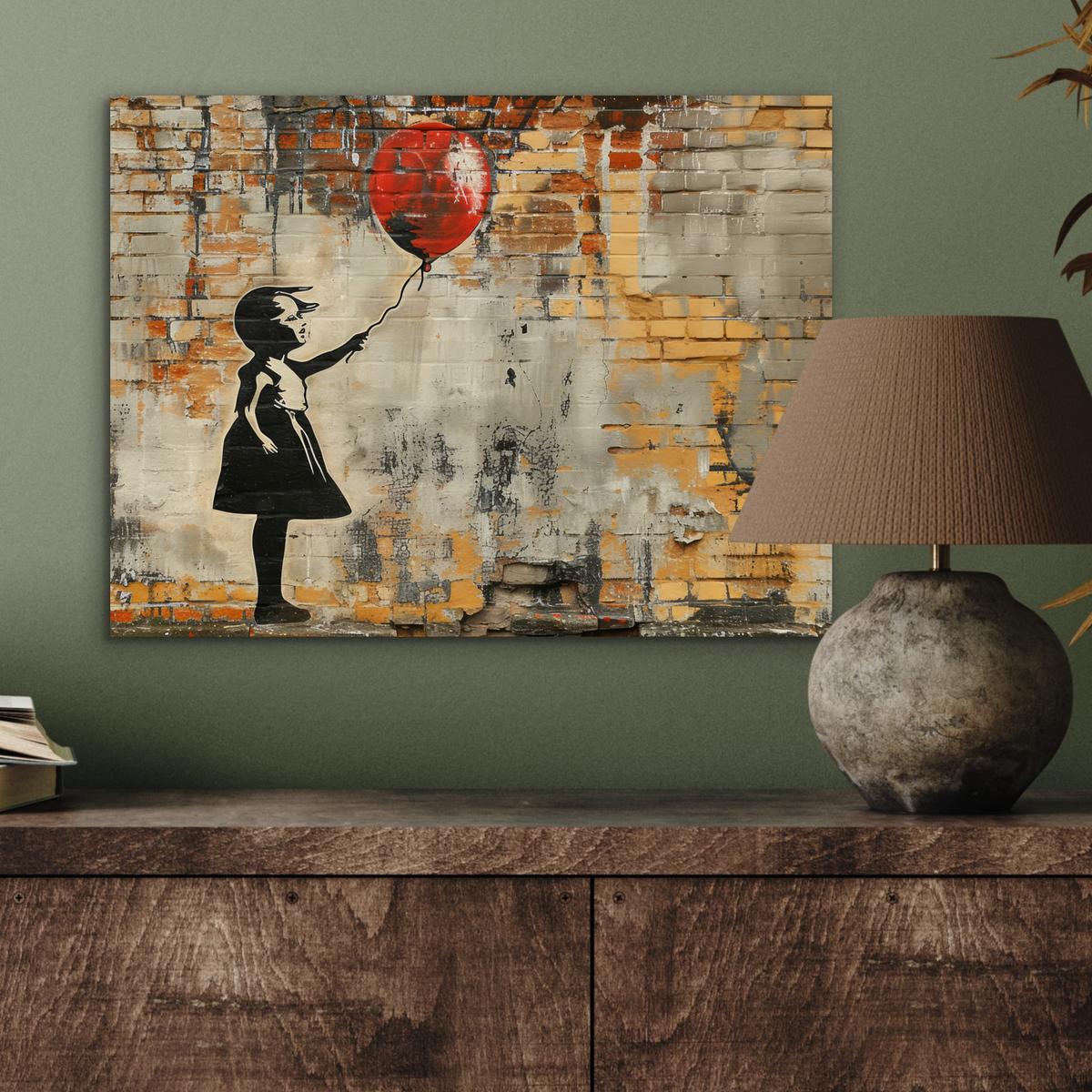 METALLBILD Graffiti - Banksy - Mädchen - Straßenkunst 40x30 cm - Sandfarben, Metall (40/30cm) - MuchoWow