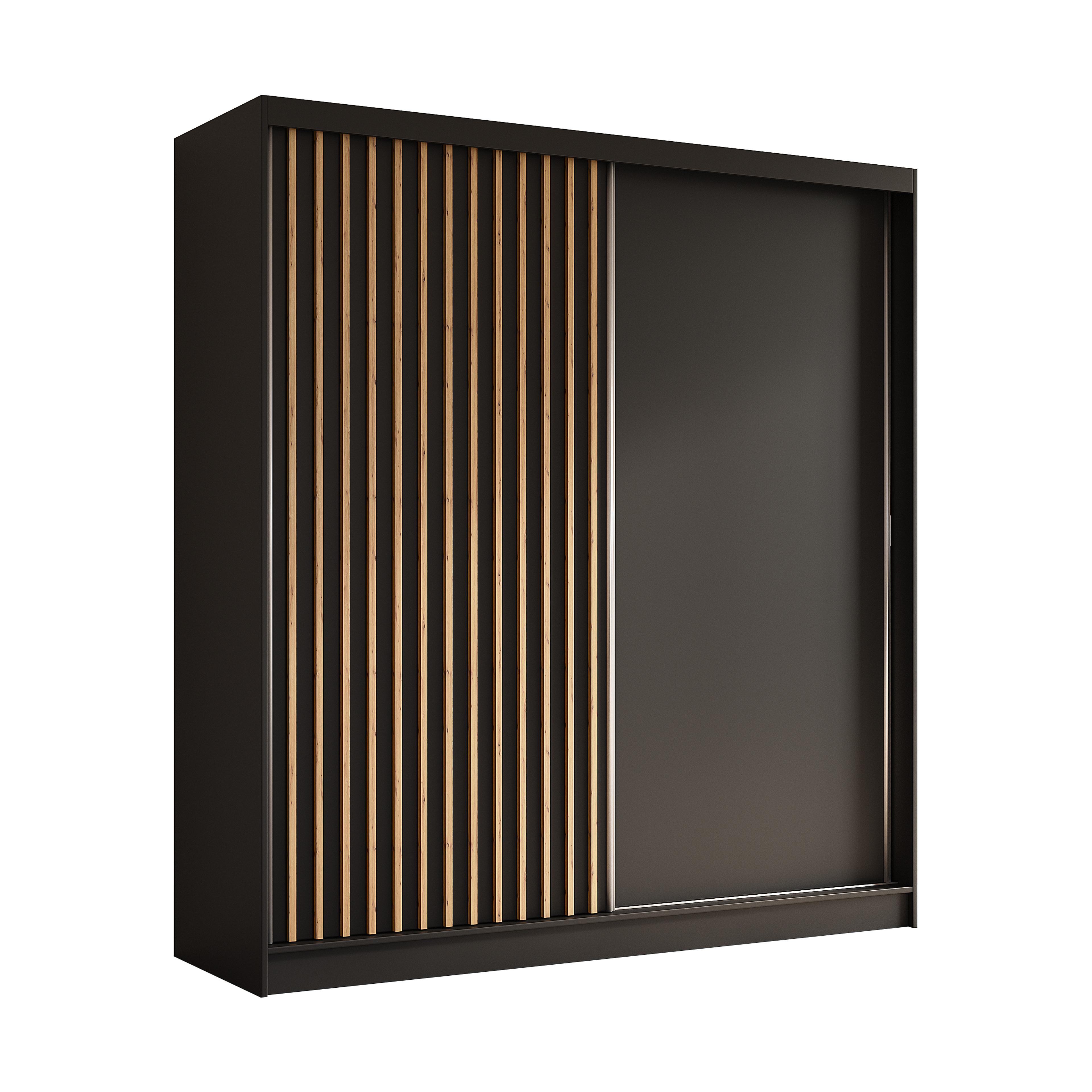 KLEIDERSCHRANK mit furnierten Schiebetüren und Aluminium-Leisten, LED-Beleuchtung - LABELO - 200 cm Schwarz+Schwarz+Artisan - Schwarz/Eiche Artisan, Holzwerkstoff (200/216/61cm) - ALTDECOR