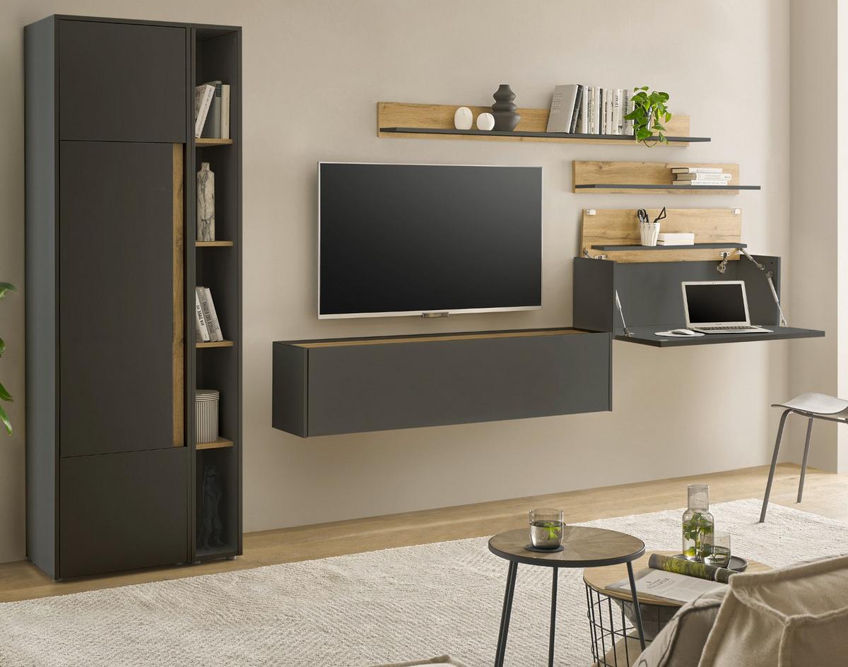 WOHNWAND mit Sekretär grau matt, Eiche Wotan 340 cm, Wohnkombination 6-teilig - Eiche Wotan/Grau, Holzwerkstoff/Metall (340/200/40cm) - Furn.Design