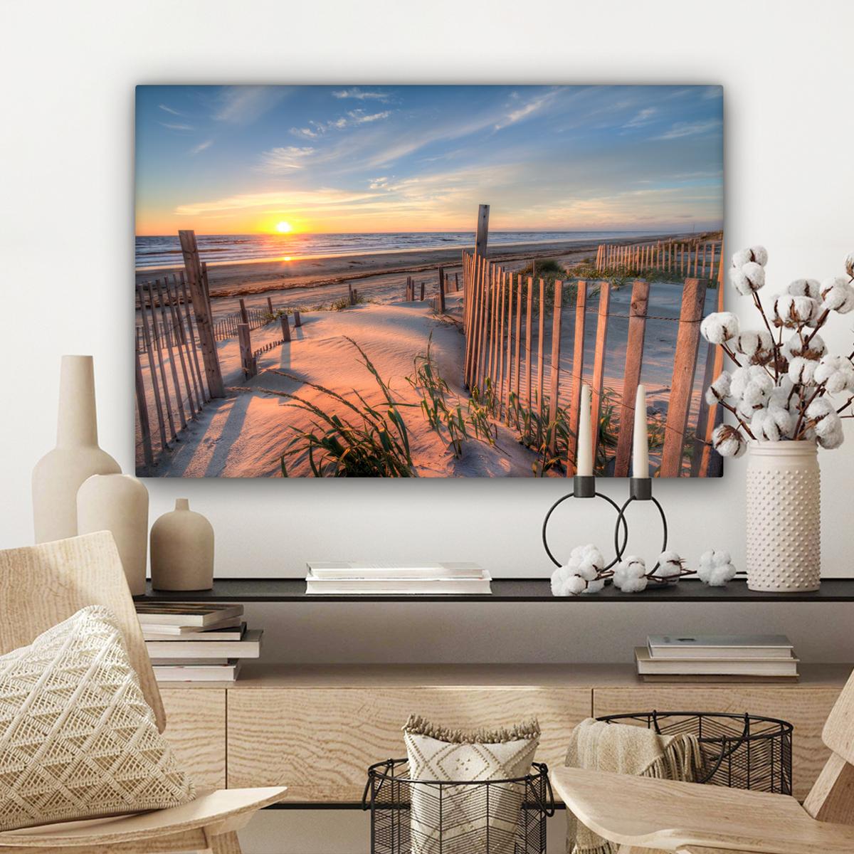 LEINWANDBILD Strand - Meer - Düne - Sonnenuntergang - Landschaft Wanddeko 90x60 cm - Beige, Textil (90/60cm) - MuchoWow