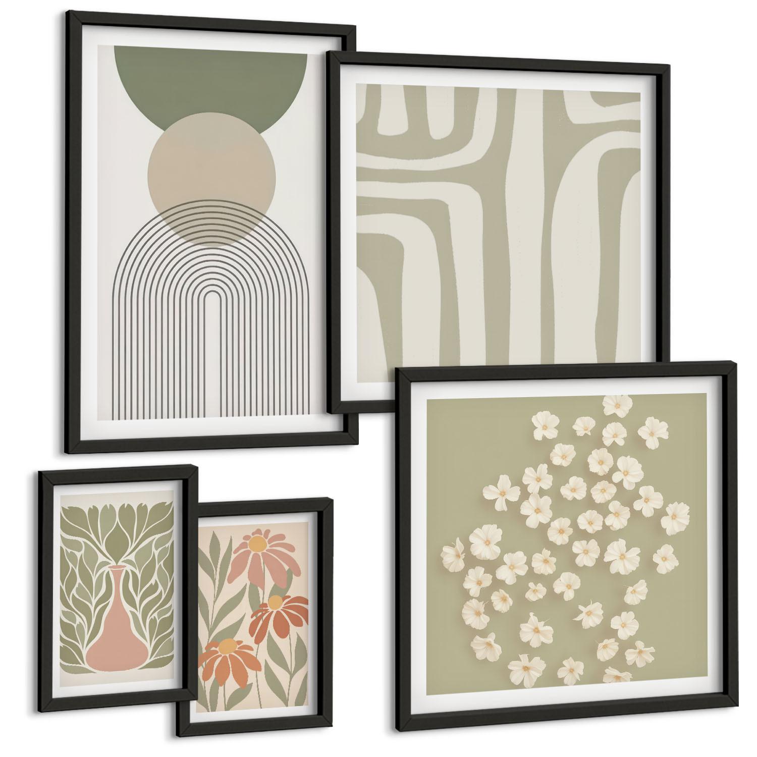 BILDER SET 5er Set - 50x50 cm & 20x30 cm & 40x60 cm Schwarzer Rahmen - Floraler minimalistischer Boho-Stil - Schwarz, Kunststoff (40/60cm) - TULUP