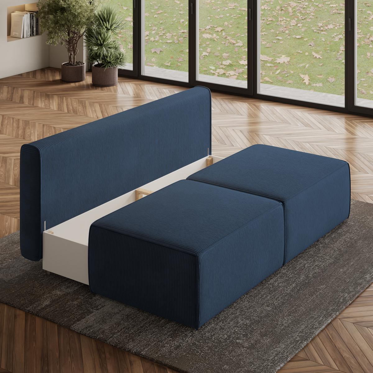 ECKSOFA VARNA P Blau Kordstoff mit Schlaffunktion - Blau/Grau, Holz/Kunststoff (196/158cm) - MASSENO