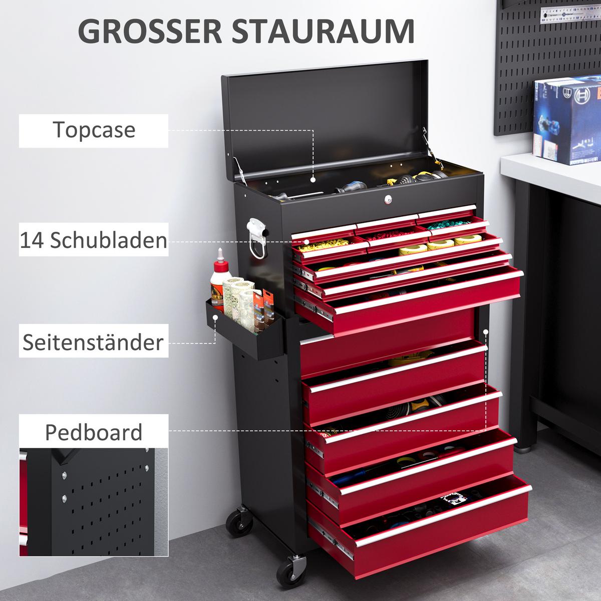 WERKSTATTWAGEN mit Rollen, mit 14 Schubladen, Rot - Rot, Metall (33/75/76cm) - HOMCOM