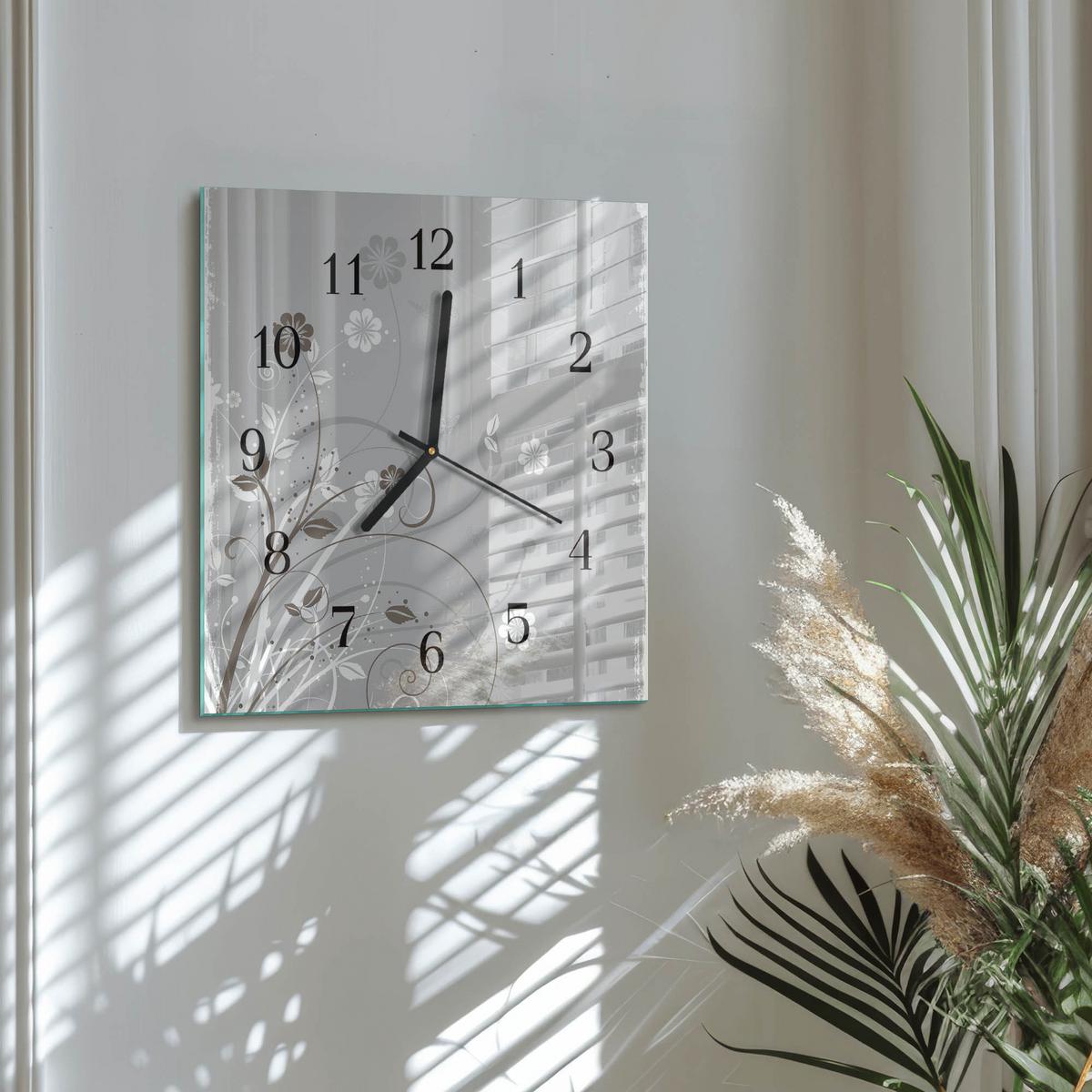 WANDUHR aus Glas 30x30 cm - Blumen - Grau, Glas (30/30/0.4cm) - TULUP