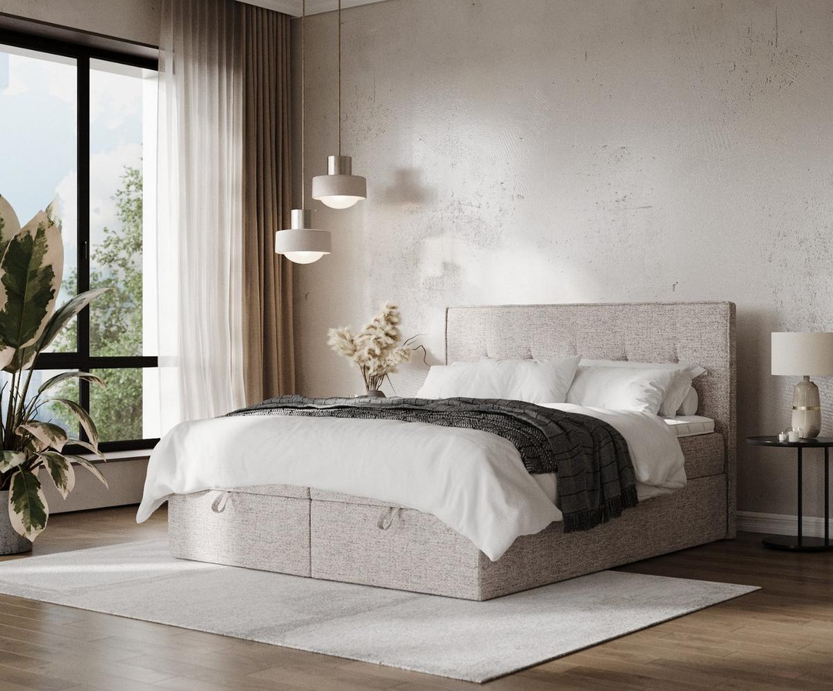 BOXBETT Tivra 160/200 cm Beige im Neve Stoff - Beige/Schwarz, Holz/Holzwerkstoff (160/200cm) - AltaBeds