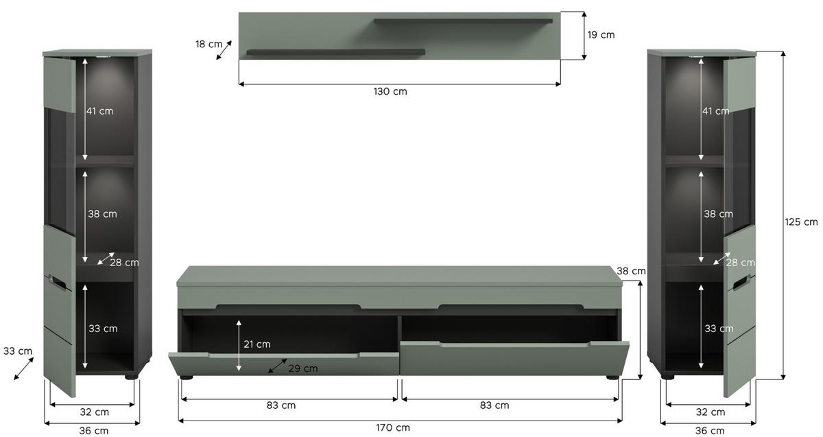 WOHNWAND Salbei Grün und Grau, Schrankwand 270 cm hängend oder stehend, Soft-Close - Salbeigrün/Schwarz, Glas/Holzwerkstoff (272/141/33cm) - Inn.Furn