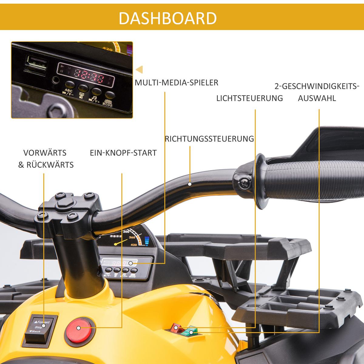 ELEKTRO-QUAD Kinderquad mit Scheinwerfer, Kindermotorrad mit USB-Anschluss, Gelb - Gelb, Metall (100/65/73cm) - HOMCOM