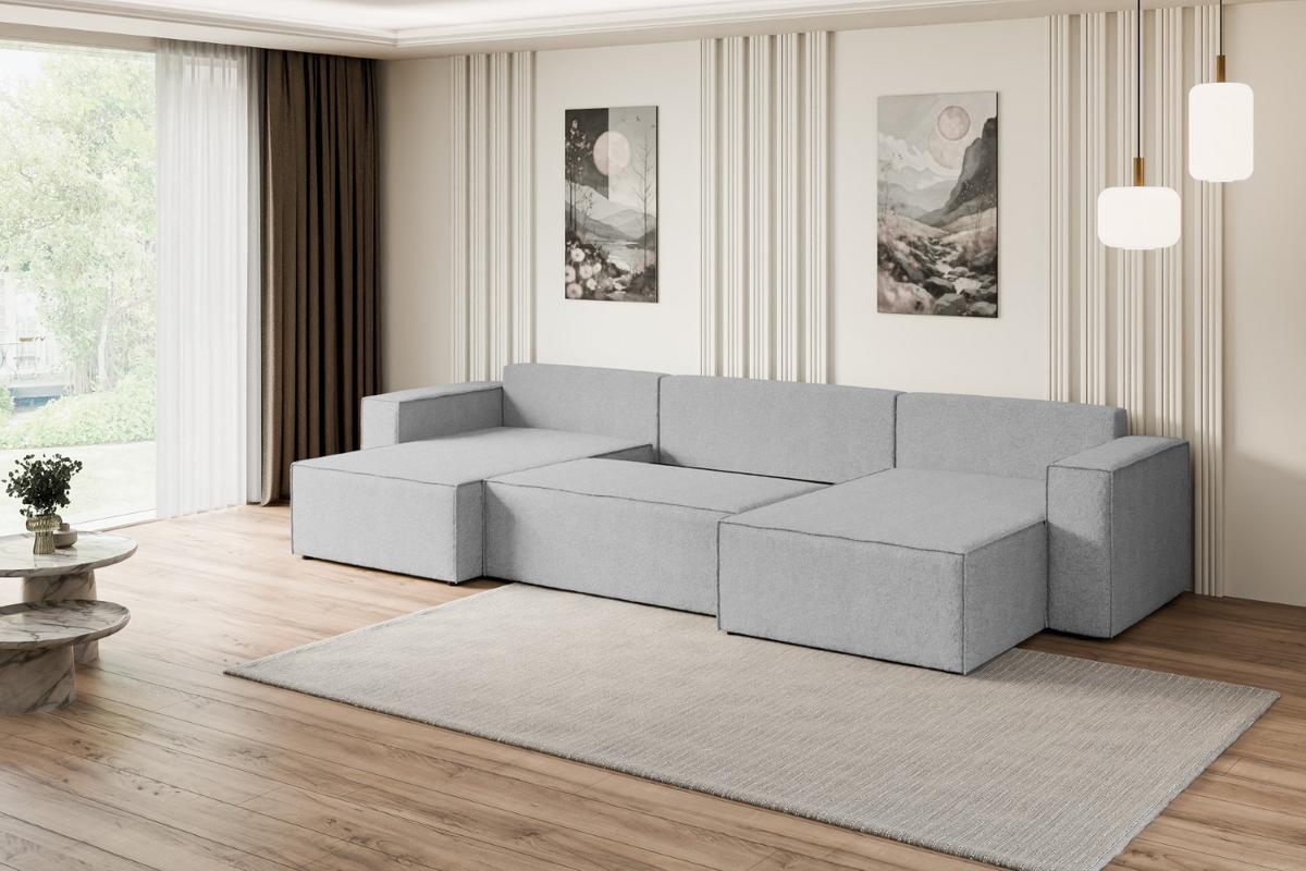 WOHNLANDSCHAFT mit Schlaffunktion und Bettkasten CELTIC-XLU - 377x143x83 cm Hellgrau Bouclé - Hellgrau/Schwarz, Holzwerkstoff/Kunststoff (377/83/143cm) - ALTDECOR