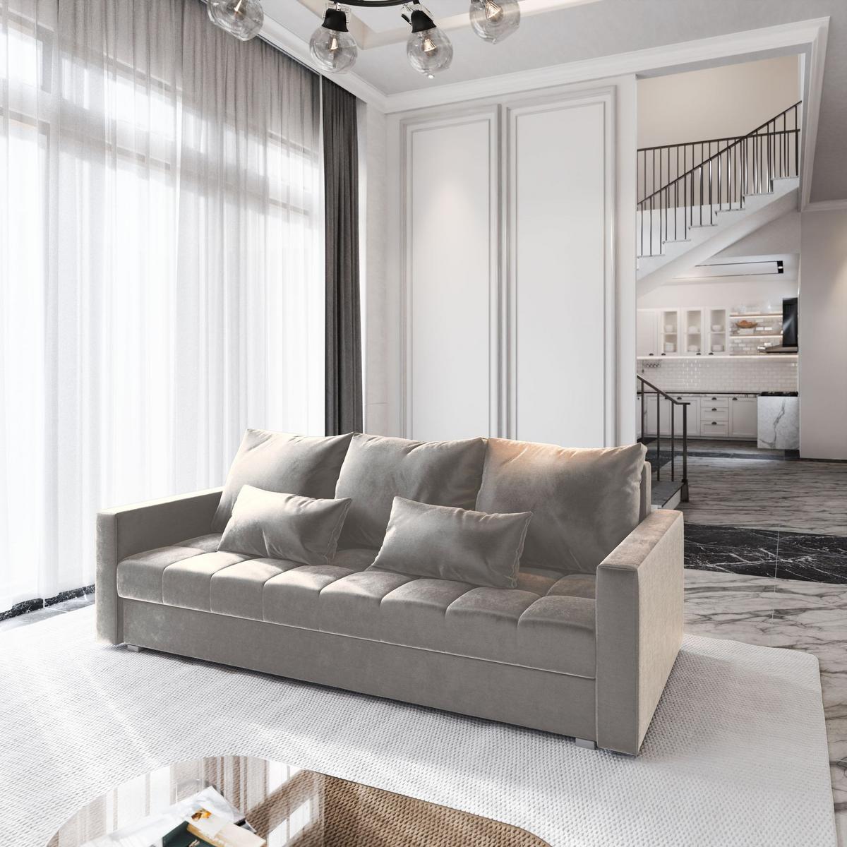 BETTSOFA SIRO Beige Plüsch-Stoff mit Schlaffunktion - Beige, Textil (222/83/86cm) - MASSENO