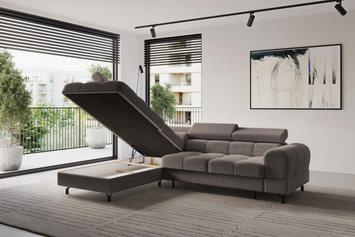 ECKSOFA mit Schlaffunktion Ottomane Links LUMA-L 272x203x70 Braun Bouclé - Dunkelbraun/Schwarz, Holzwerkstoff/Kunststoff (272/203cm) - ALTDECOR