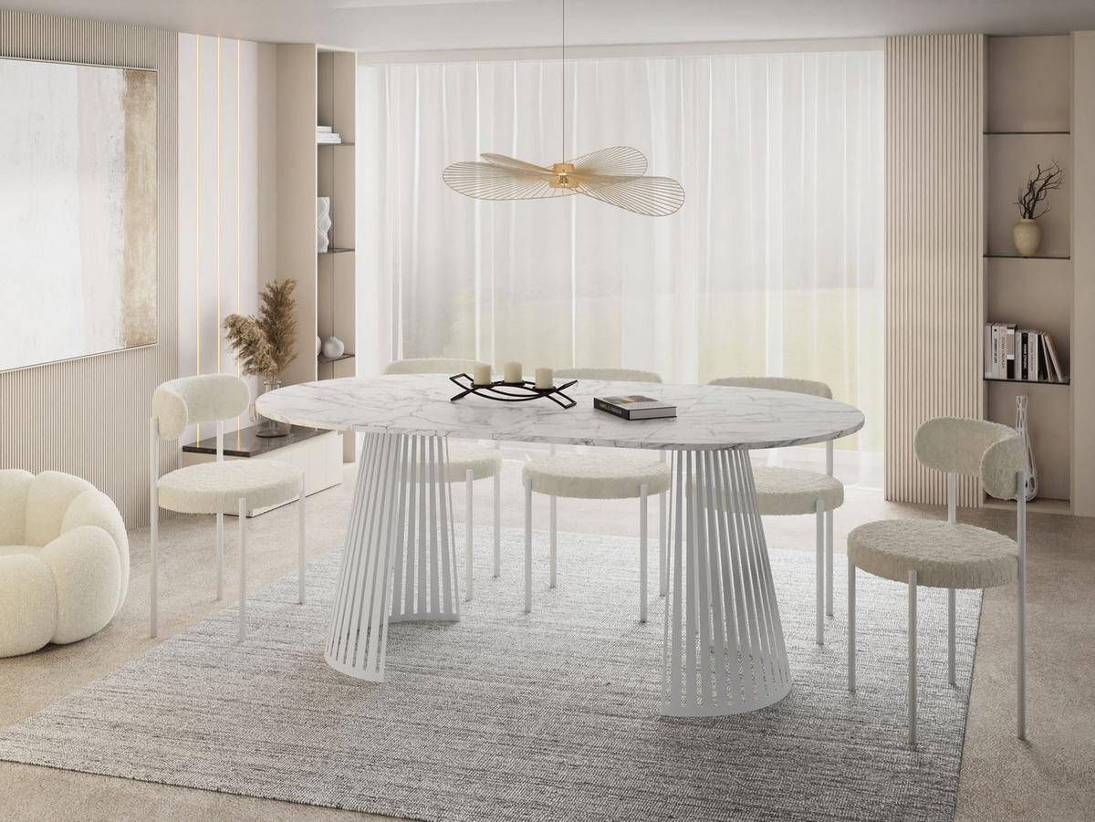 ESSTISCH Naro rund ausziehbar mit Weißem Lamellen-Metallgestell, Marmor Weiß 120-200/120/76 cm - Ecru/Weiß, Holzwerkstoff/Metall (120/196/76cm) - WFL GROUP
