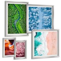 BILDER SET 5er Set - 50x50 cm & 20x30 cm & 40x60 cm Silberner Rahmen - Pferde, Bewegung, Strand, Leuchtturm, Berge - Silberfarben, Kunststoff (40/60cm) - TULUP