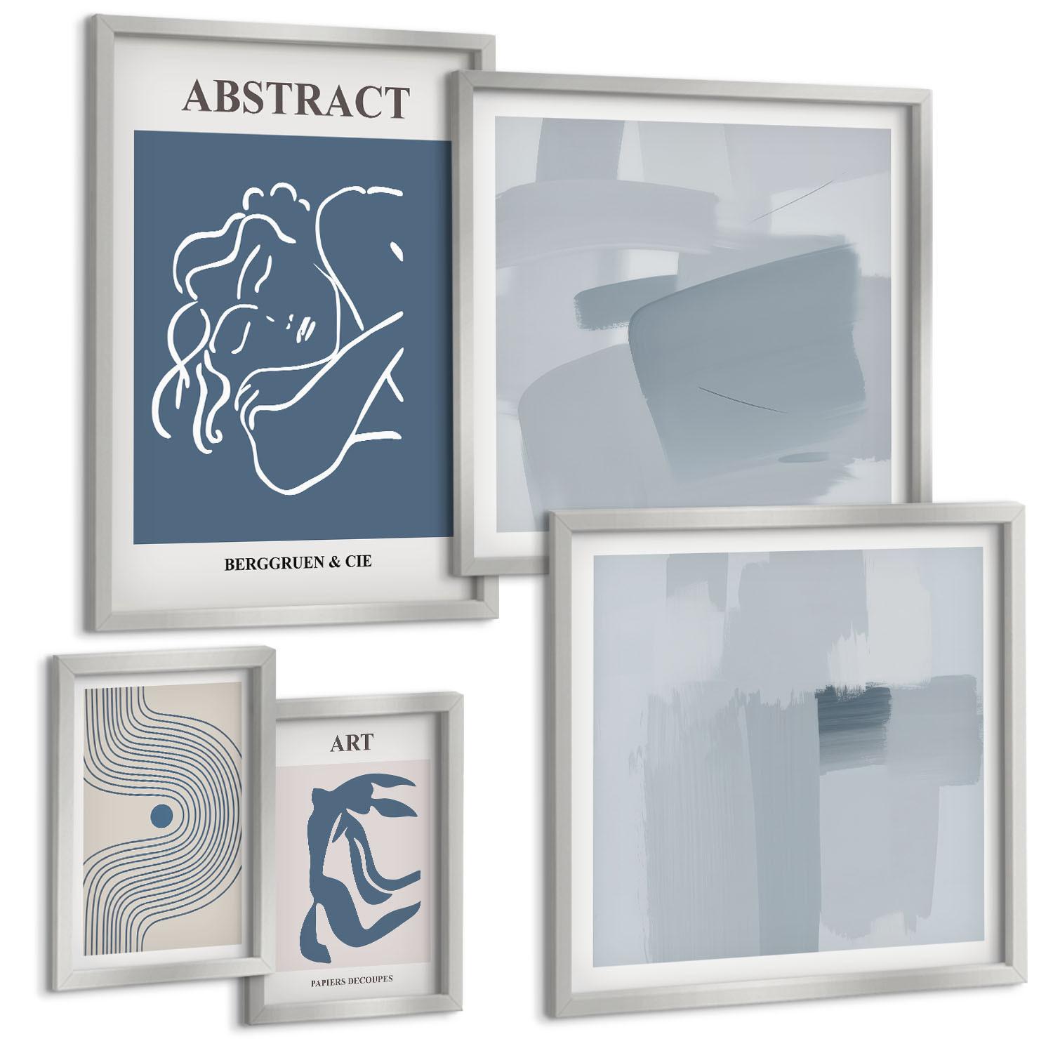 BILDER SET 5er Set - 50x50 cm & 20x30 cm & 40x60 cm Silberner Rahmen - Poster mit abstrakten Linien und Wellen - Silberfarben, Kunststoff (40/60cm) - TULUP