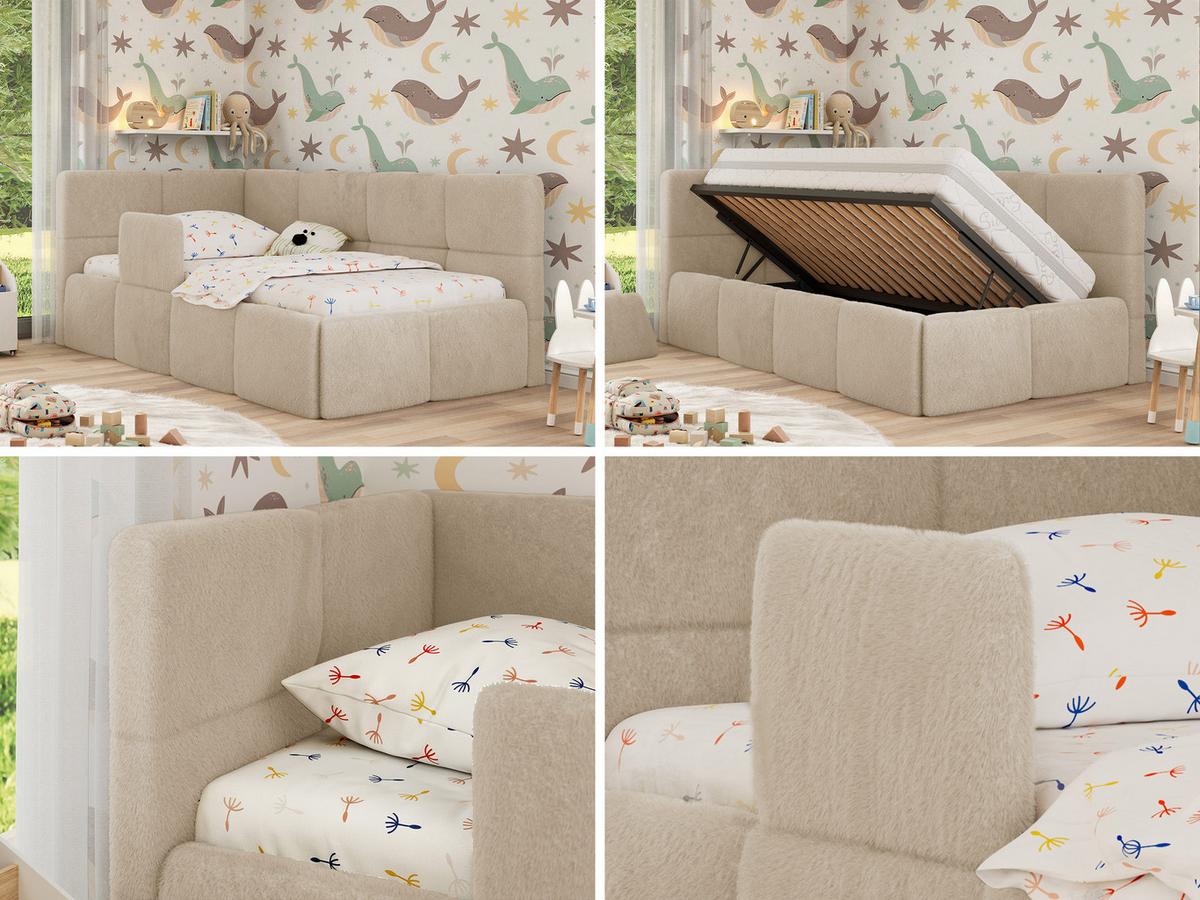 POLSTERBETT ARVO ALTA 90/200 - Creme Plüsch - Schaumstoffmatratze - Links - Creme, Textil (90/200cm) - MKS