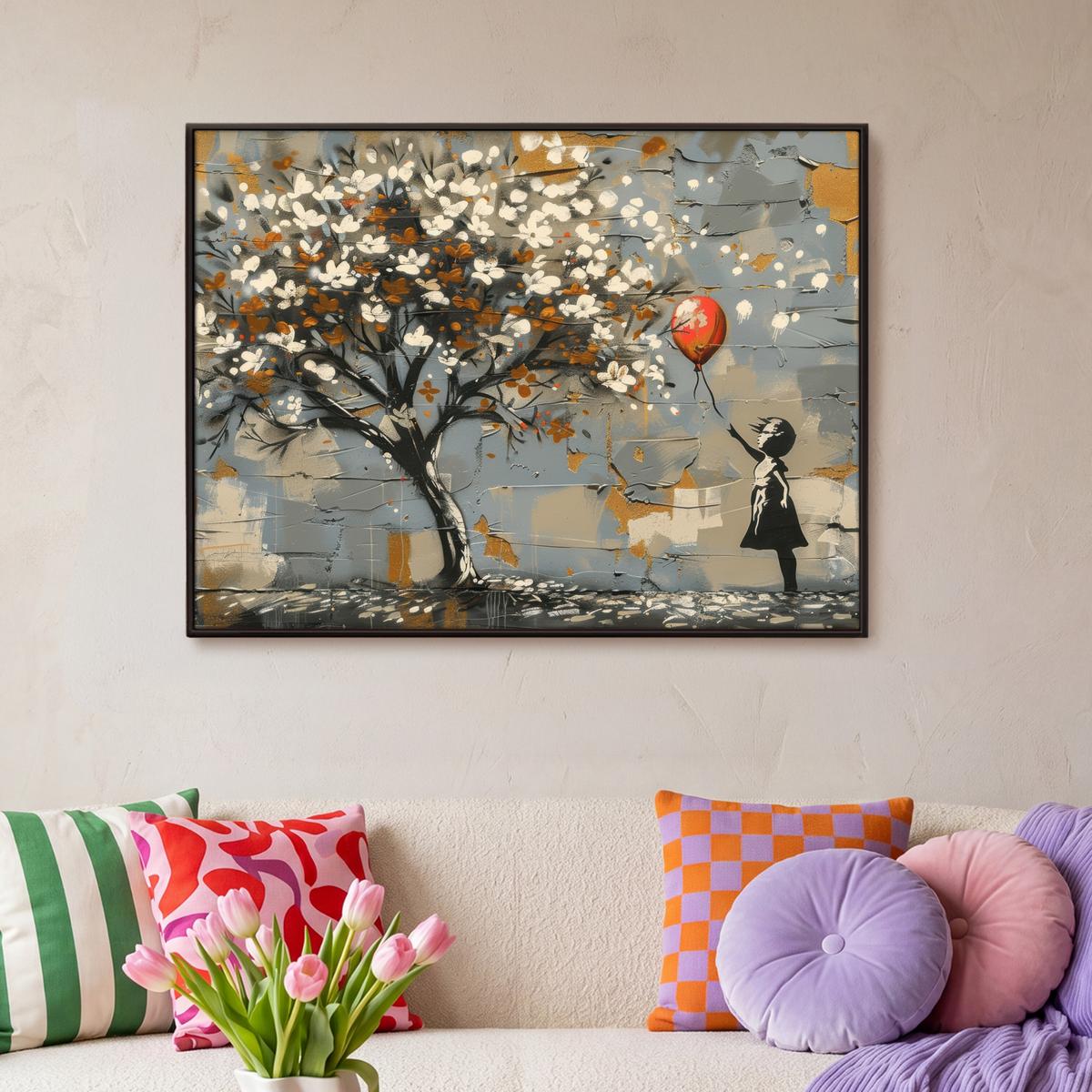 LEINWAND Bilder mit Rahmen - Baum - Graffiti - Banksy-Stil - Ballon-Mädchen - 100x70 - Blaugrau, Textil (100/70cm) - MuchoWow