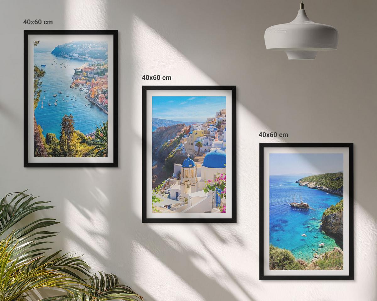 BILDER SET 3er Set - 40x60 cm Schwarzer Rahmen - Griechische Ansichten von Santorin Oia - Schwarz, Kunststoff (40/60cm) - TULUP