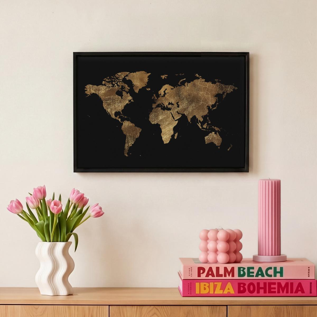 LEINWAND Bilder mit Rahmen - Weltkarte - Gold - Luxus - Erde - Schwarz - 30x20 - Goldfarben, Textil (30/20cm) - MuchoWow
