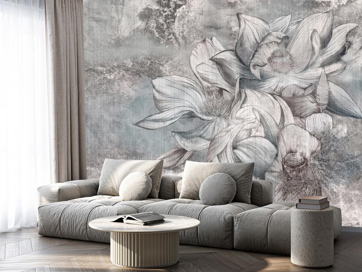 FOTOTAPETE für Wohnzimmer Wunderschöne Blume Betonwand Retro 200x140 - Grau, Papier (200/140cm) - Muralo