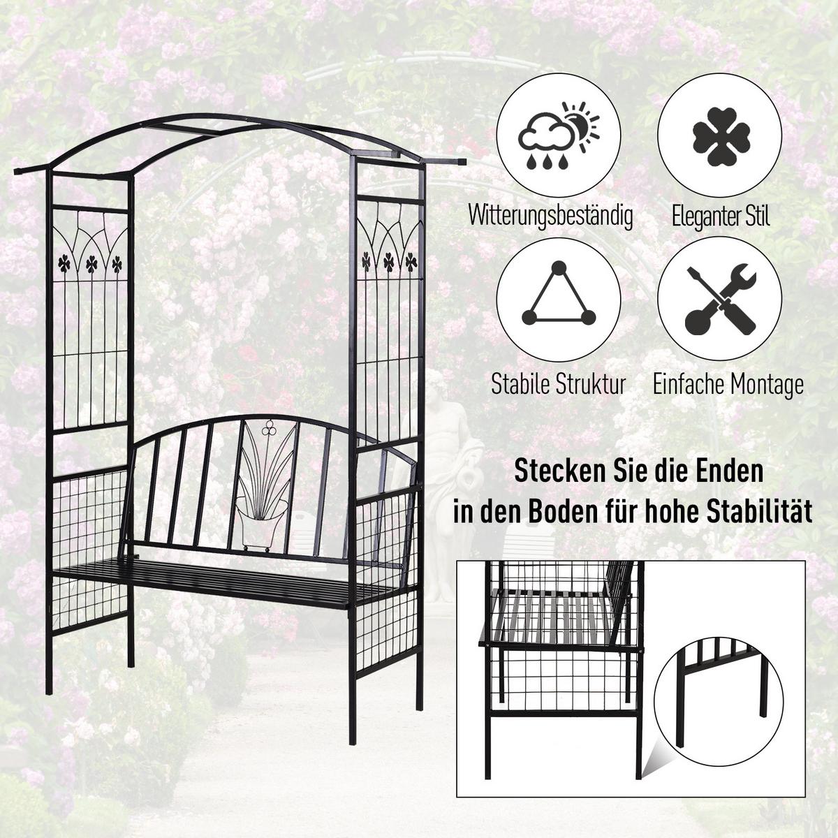 SITZBANK, Bogendach, 154 x 60 x 205 cm, Metall, Schwarz - Schwarz, Metall (60/205/154cm) - Outsunny