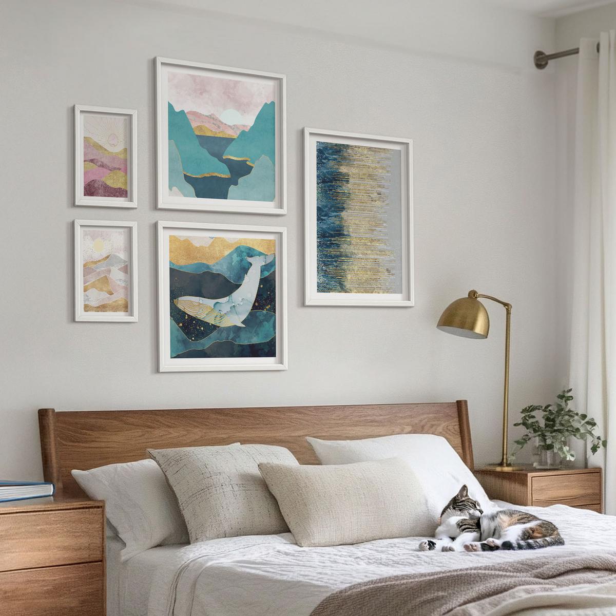BILDER SET 5er Set - 50x50 cm & 20x30 cm & 40x60 cm Weißer Rahmen - Abstrakte Berge Sonne - Weiß, Kunststoff (40/60cm) - TULUP