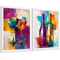 POSTER 2er Set Küchen-Wandbilder Weingläser und Flaschen Pop Art Bunt Abstrakt Esszimmer Wanddeko Weißer Rahmen A4 - Weiß, Papier (29.7/1/21cm) - Nacnic
