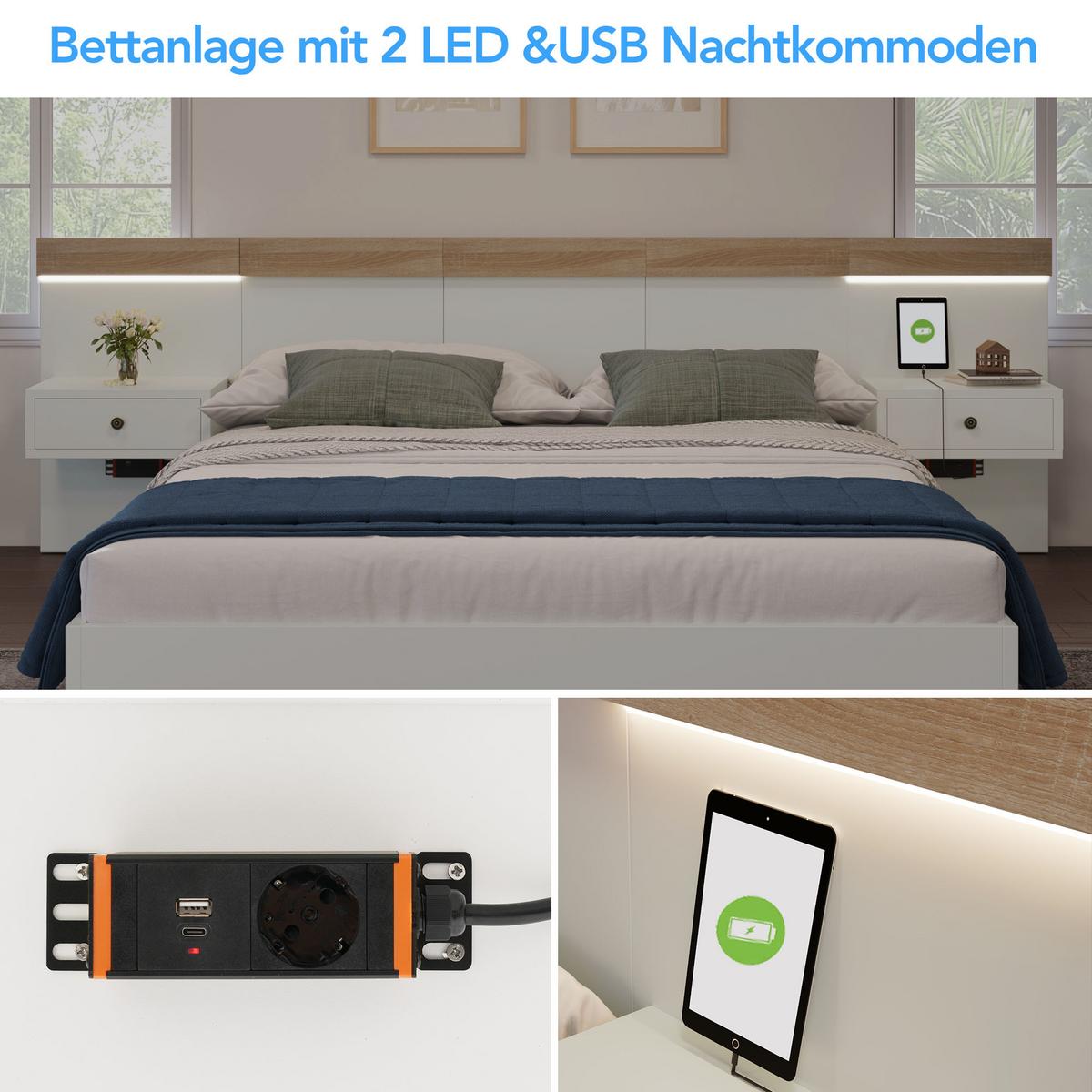 POLSTERBETT Weiß 160x200cm Eiche LED Stauraum Nachttische USB - Beige, Holzwerkstoff/Textil - Urban Meuble
