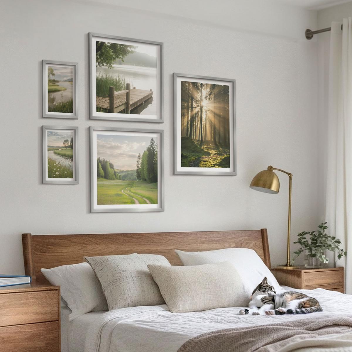 BILDER SET 5er Set - 50x50 cm & 20x30 cm & 40x60 cm Silberner Rahmen - Frühlingslandschaft Flusswiese - Silberfarben, Kunststoff (40/60cm) - TULUP