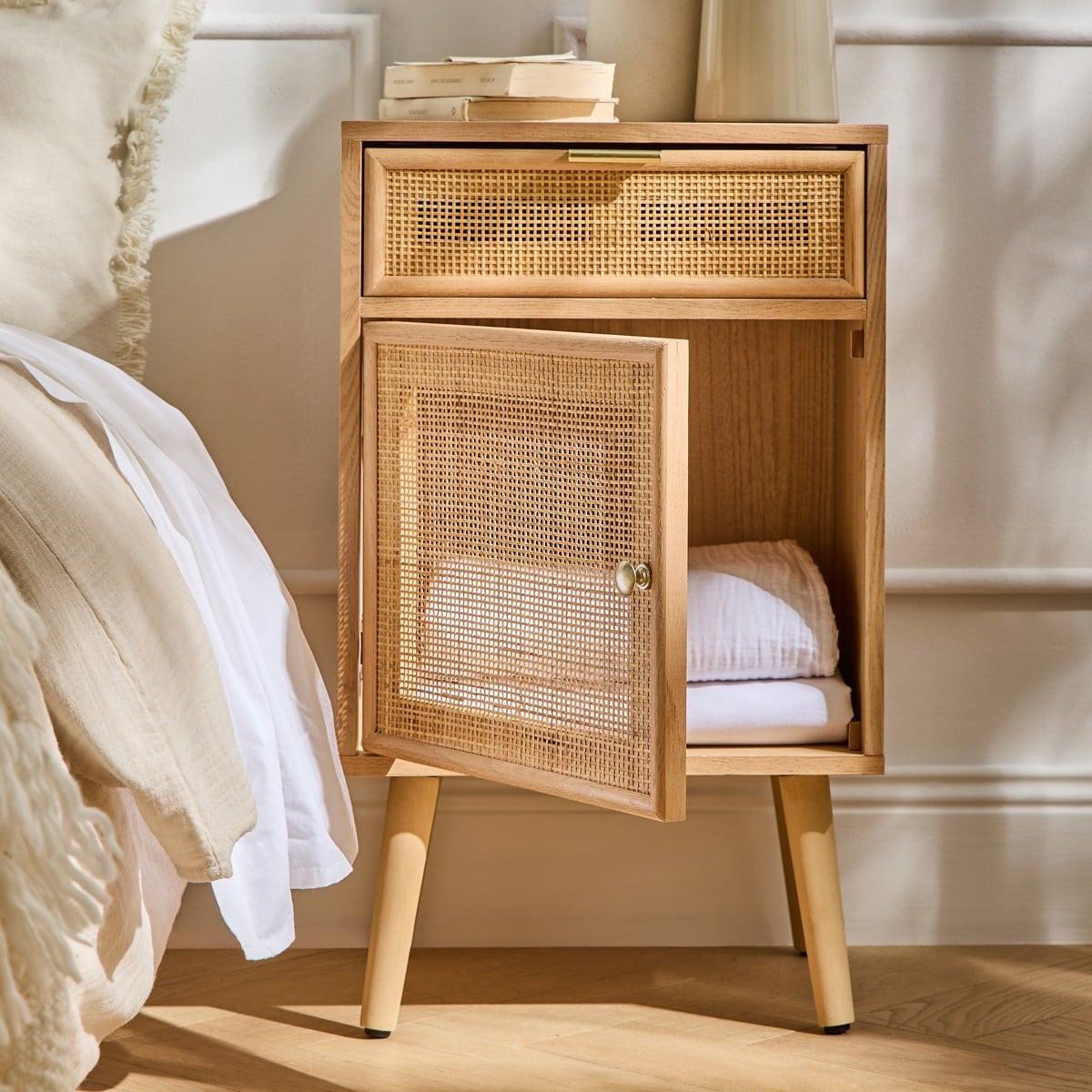 NACHTTISCH mit natürlichem Rattangeflecht - Eschefarben, Holzwerkstoff (36.5/71/40cm) - Calicosy