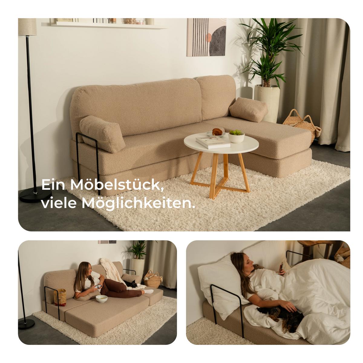 ECKSOFA SABI modulares Boneless Sofa mit Schlaffunktion Hellgrau Boucle-Stoff - Hellgrau, Textil (200/120cm) - MASSENO