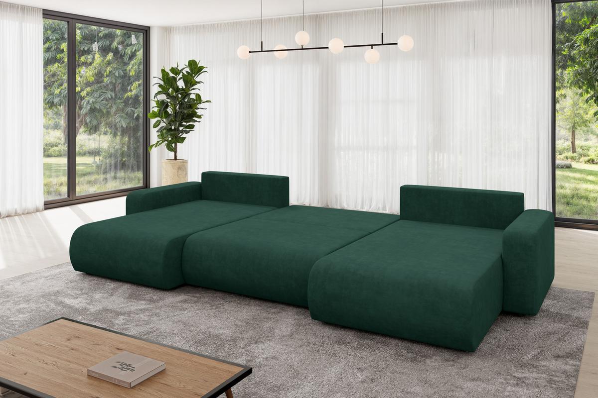 WOHNLANDSCHAFT mit Schlaffunktion und Bettkasten BERY-U 377x193x88 Grün Velours - Schwarz/Grün, Holzwerkstoff/Kunststoff (377/88/193cm) - ALTDECOR
