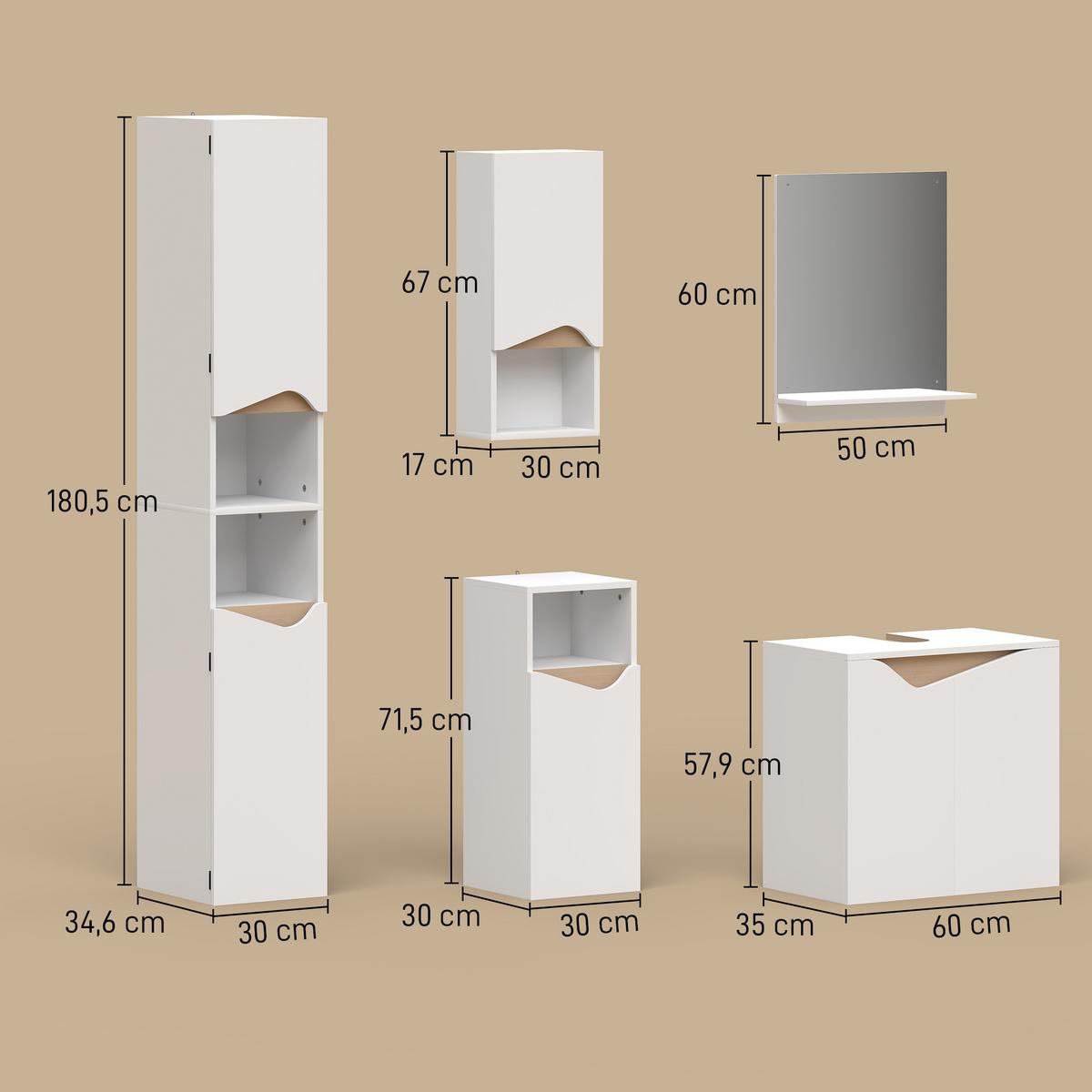BADEZIMMERMÖBEL-SET Acryl Spanplatte Weiß Naturholz - Weiß, Holzwerkstoff (30/180.5/34.6cm) - HOMCOM