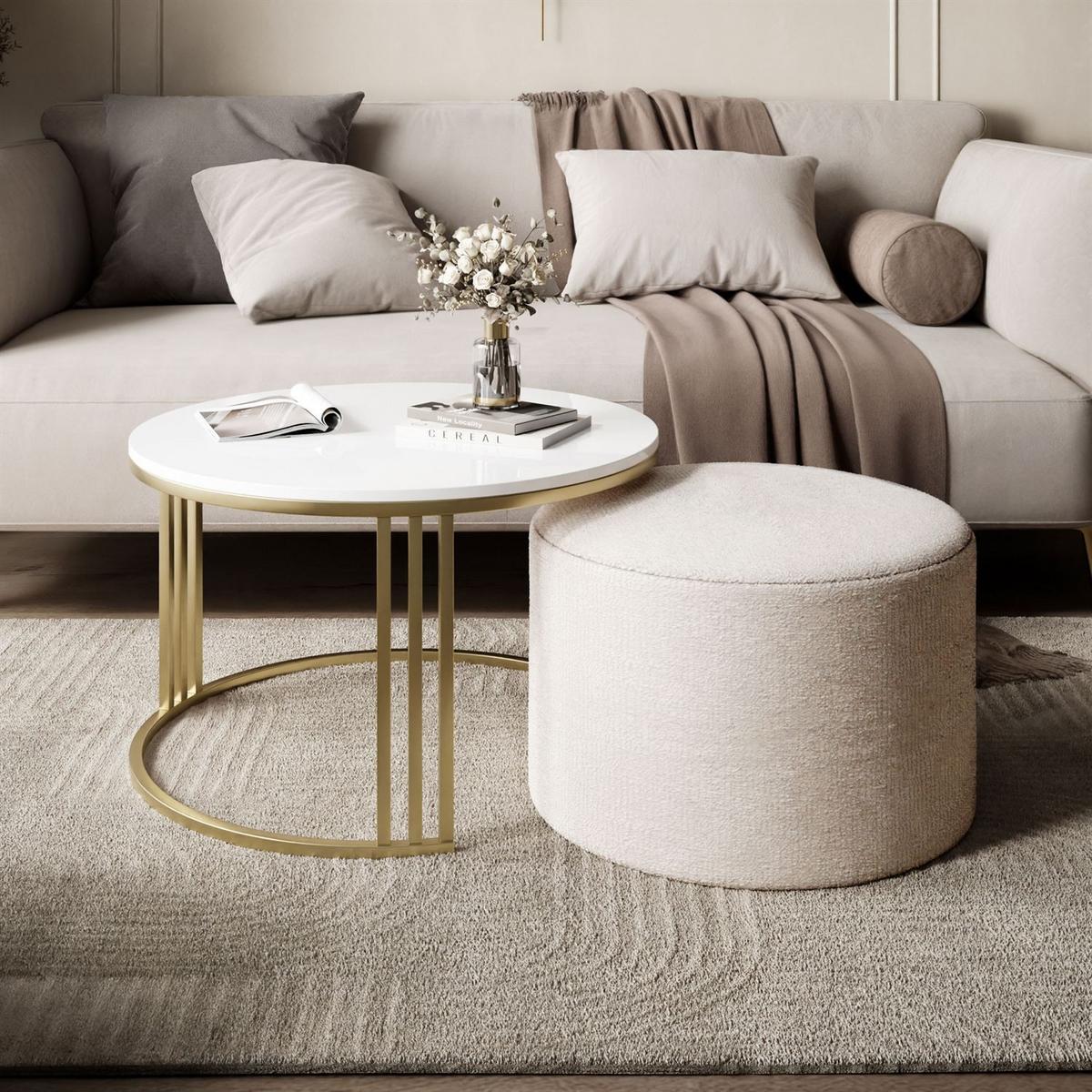 COUCHTISCH mit Hocker LORI Hochglanz gebürstetes Gold/weißer Glanz/Perfect Harmony 01 - Weiß, Metall (70/70/49cm) - Lookway
