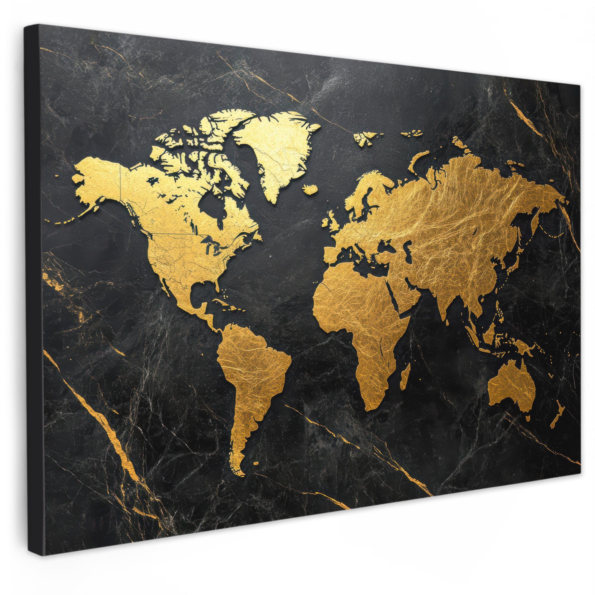 LEINWANDBILD Weltkarte - Gold - Marmor Wanddeko 90x60 cm - Goldfarben, Textil (90/60cm) - MuchoWow