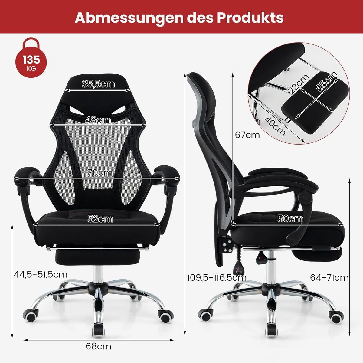 BÜROSTUHL Schwarz - Schwarz, Textil (70/116.5/68cm) - COSTWAY