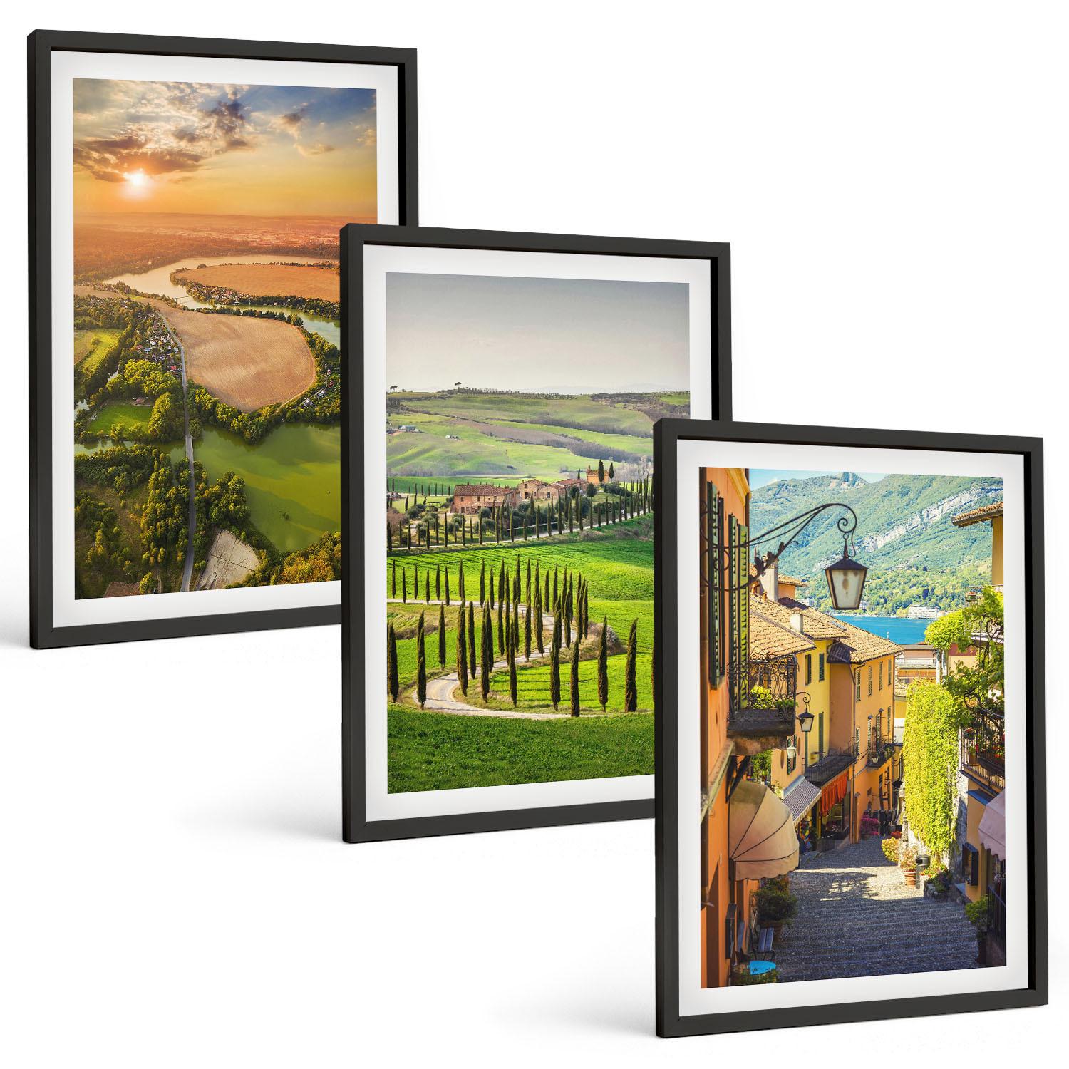 BILDER SET 3er Set - 40x60 cm Schwarzer Rahmen - Italienische Landschaften, Flussstraße - Schwarz, Kunststoff (40/60cm) - TULUP