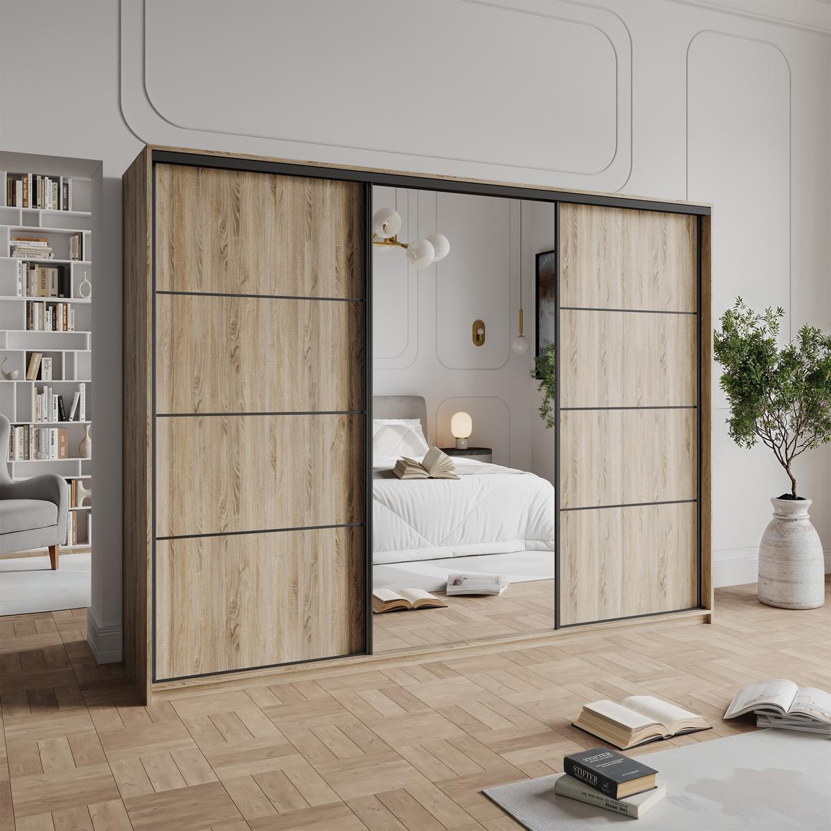 SCHWEBETÜRENSCHRANK VARO 250/205/60 cm 3-türig mit Spiegel und Schubladen Sonoma Eiche - Schwarz/Sonoma Eiche, Holzwerkstoff (250/205/60cm) - MASSENO