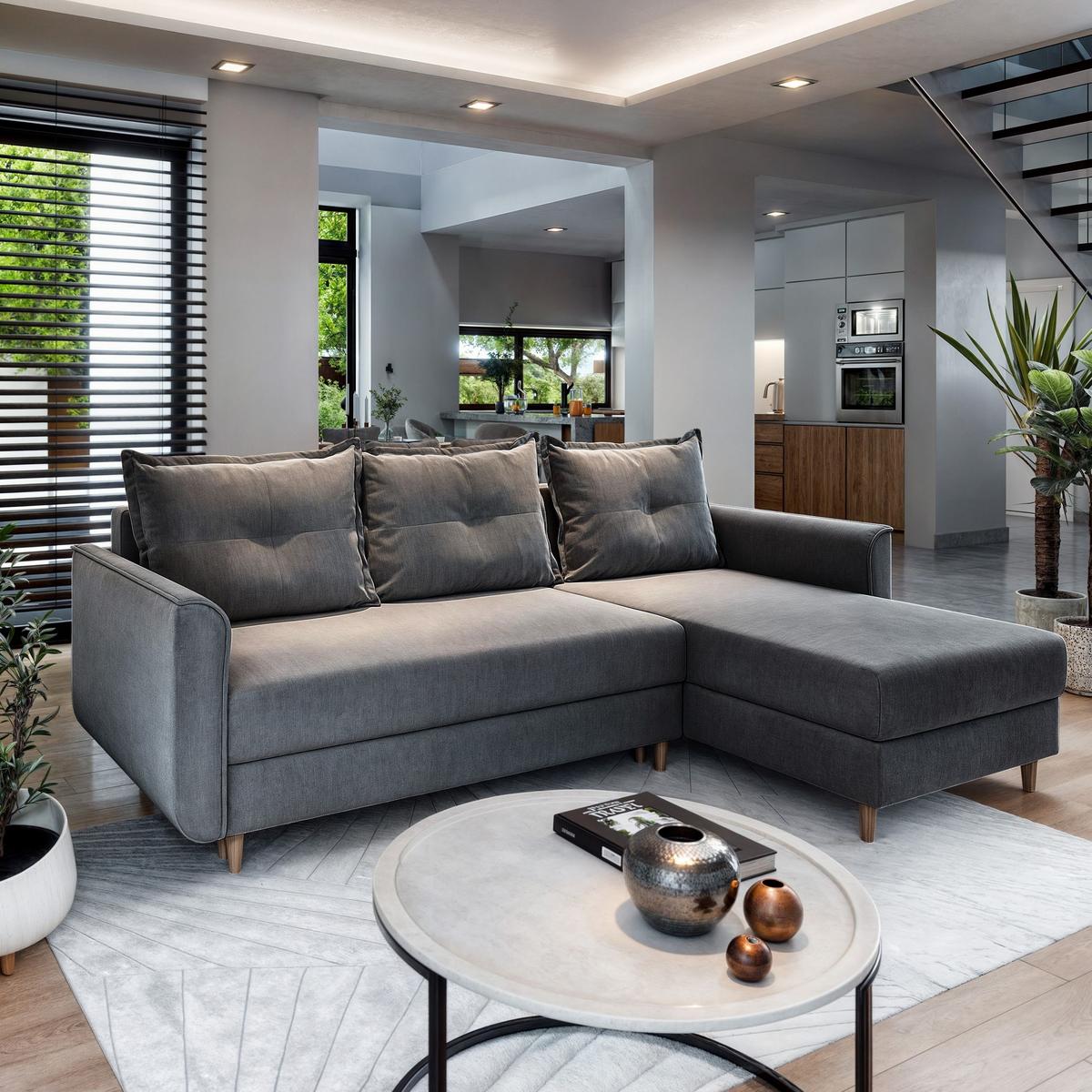 ECKSOFA PISAN R-S Grau Plüsch-Stoff mit Schlaffunktion - Braun/Grau, Holz/Textil (220/140cm) - MASSENO